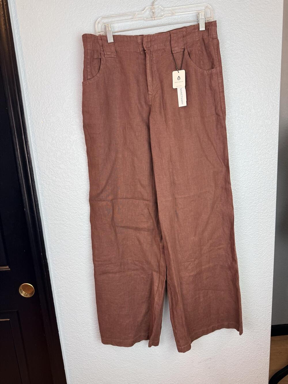 Sanctuary Pants Womens 30 Brown Linen Wide Leg Elastic Waist Chino Pockets